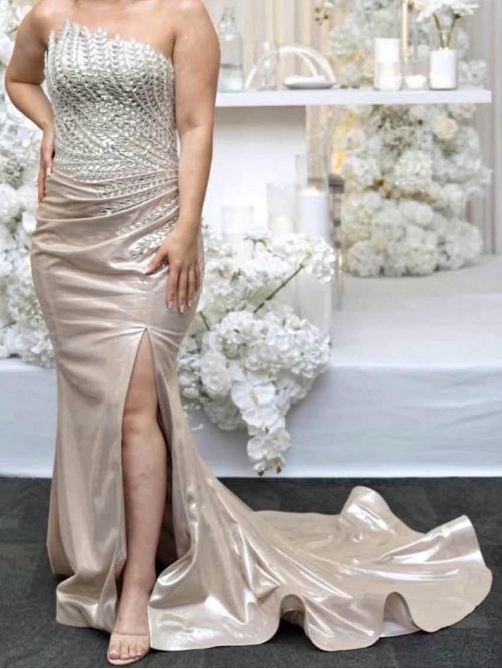 Strapless Beaded Satin Evening Gown in Champagne